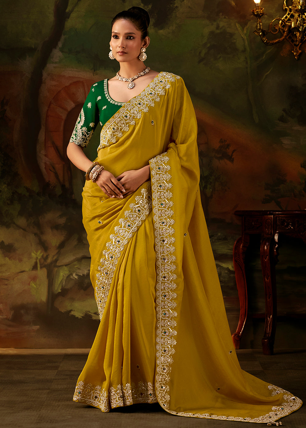 Buy Now Chartreuse Yellow Premium Designer Wedding Saree Online in US, UK, Canada, France, Germany, Denmark, Sweden, Italy, Netherlands & Worldwide at Empress.