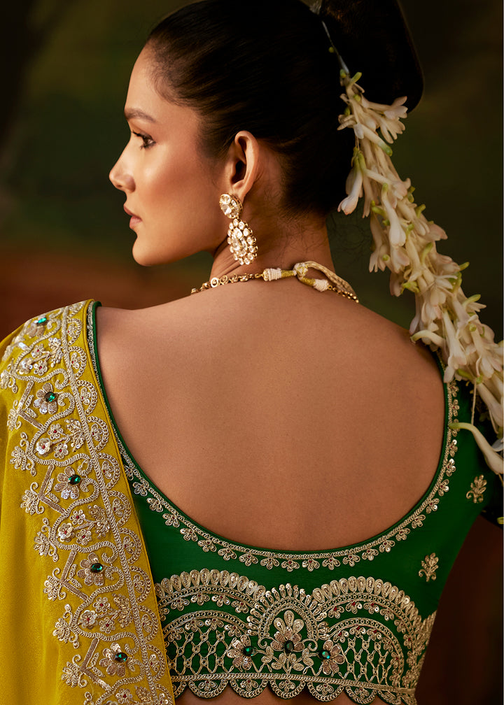 Buy Now Chartreuse Yellow Premium Designer Wedding Saree Online in US, UK, Canada, France, Germany, Denmark, Sweden, Italy, Netherlands &amp; Worldwide at Empress.