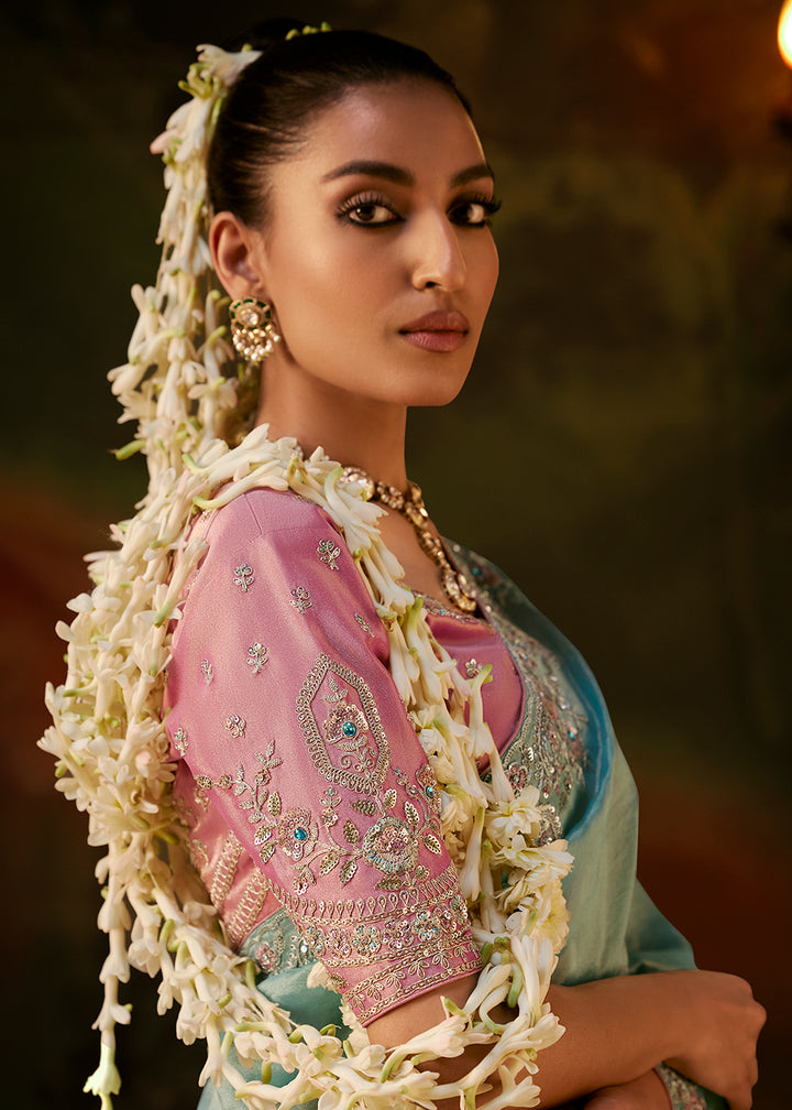 Buy Now Powder Blue Premium Designer Wedding Saree Online in US, UK, Canada, France, Germany, Denmark, Sweden, Italy, Netherlands, UAE &amp; Worldwide at Empress.