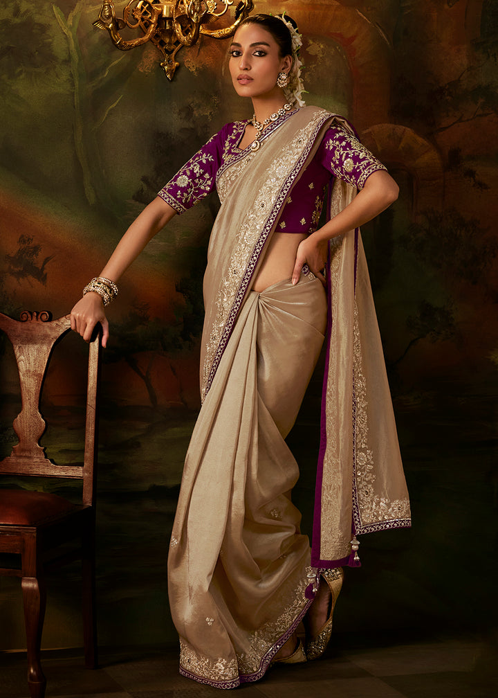 Buy Now Champagne Gold Premium Designer Wedding Saree Online in US, UK, Canada, France, Germany, Denmark, Sweden, Italy, Netherlands, UAE &amp; Worldwide at Empress.
