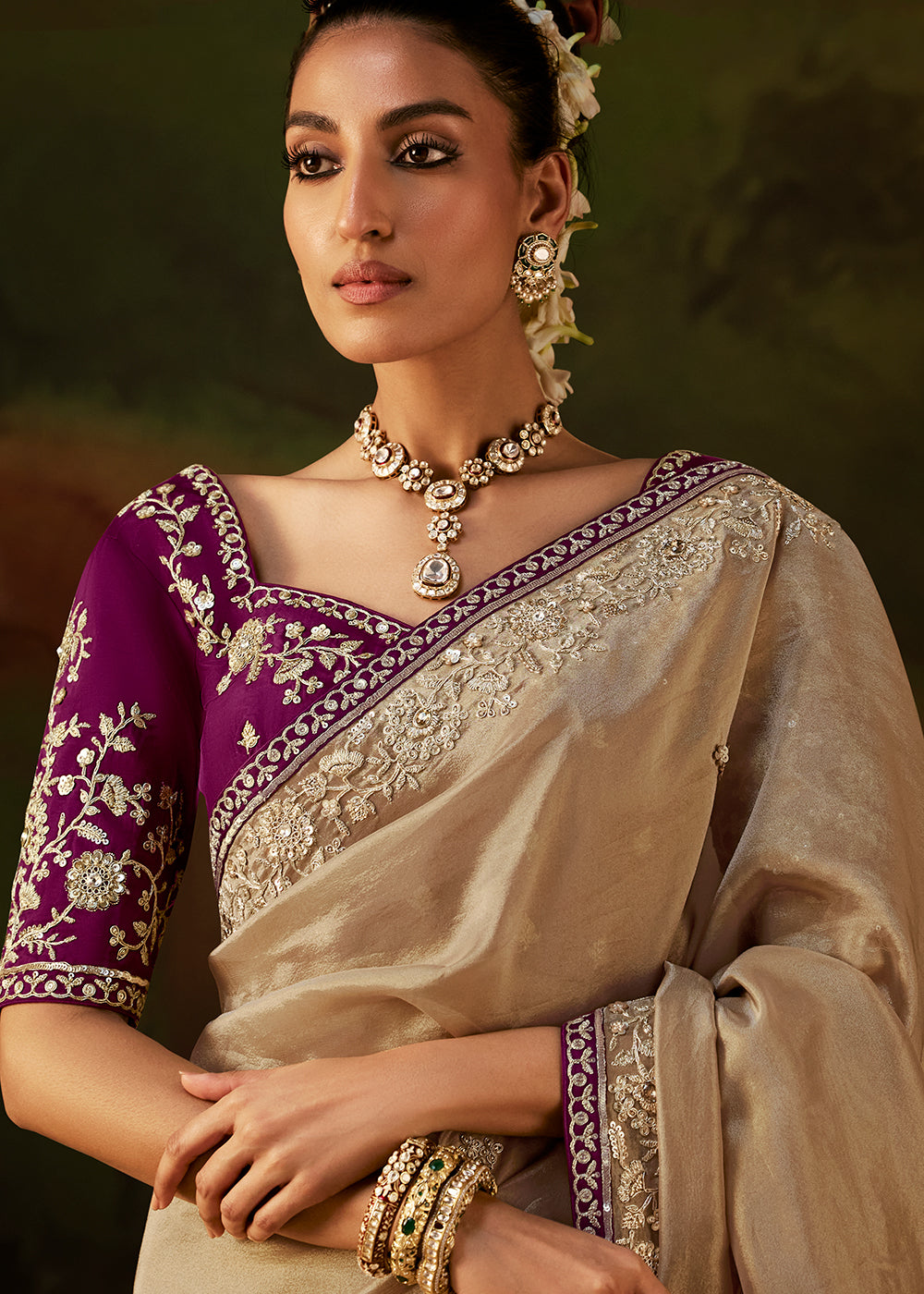 Buy Now Champagne Gold Premium Designer Wedding Saree Online in US, UK, Canada, France, Germany, Denmark, Sweden, Italy, Netherlands, UAE &amp; Worldwide at Empress.