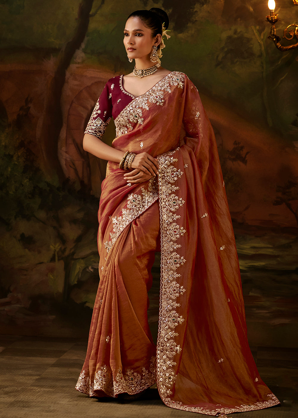 Buy Now Copper Brown Premium Designer Wedding Saree Online in US, UK, Canada, France, Germany, Denmark, Sweden, Italy, Netherlands, UAE & Worldwide at Empress.