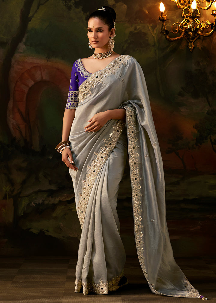 Buy Now Silver Grey Premium Designer Wedding Saree Online in US, UK, Canada, France, Germany, Denmark, Sweden, Italy, Netherlands, UAE &amp; Worldwide at Empress.