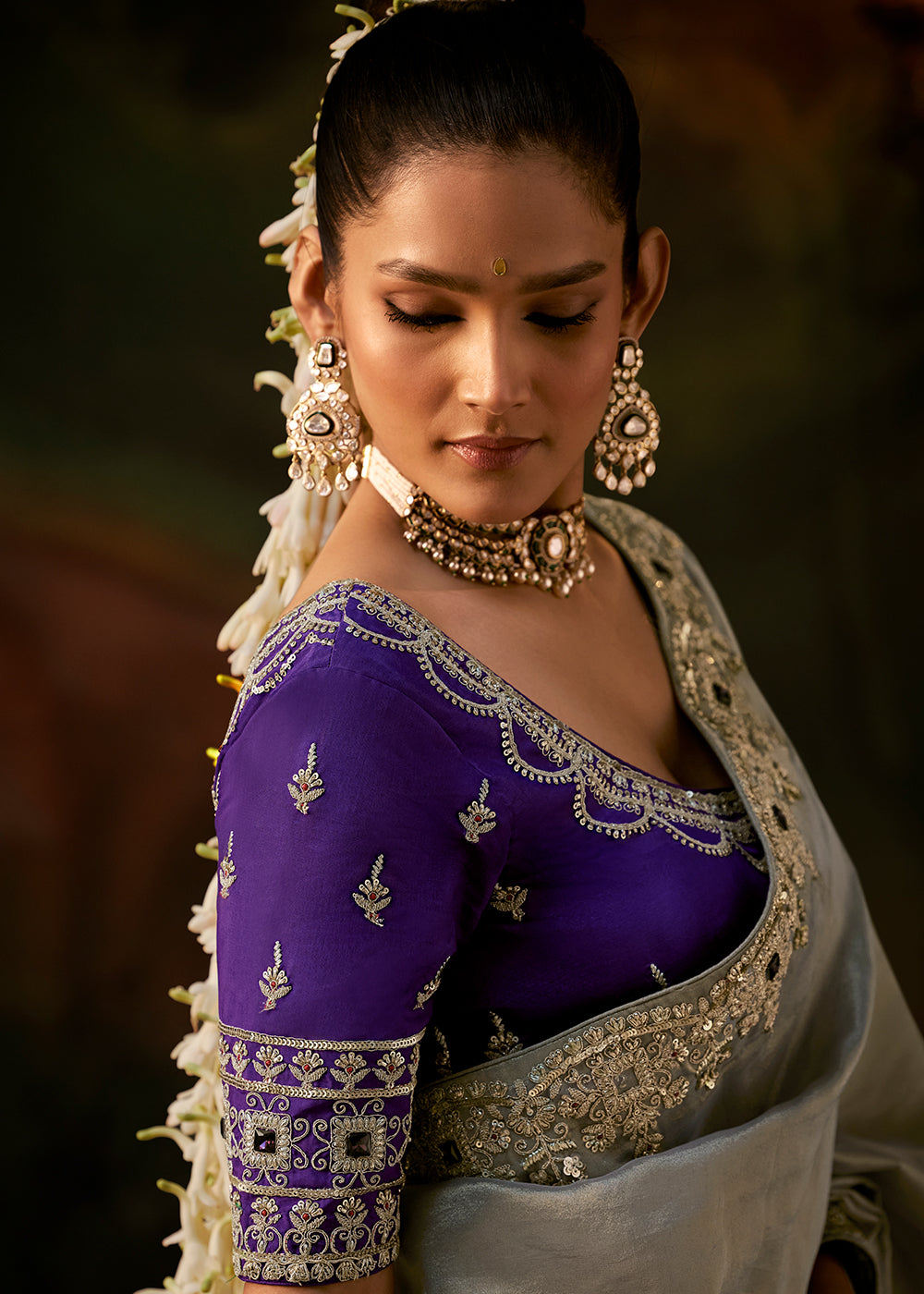 Buy Now Silver Grey Premium Designer Wedding Saree Online in US, UK, Canada, France, Germany, Denmark, Sweden, Italy, Netherlands, UAE & Worldwide at Empress.