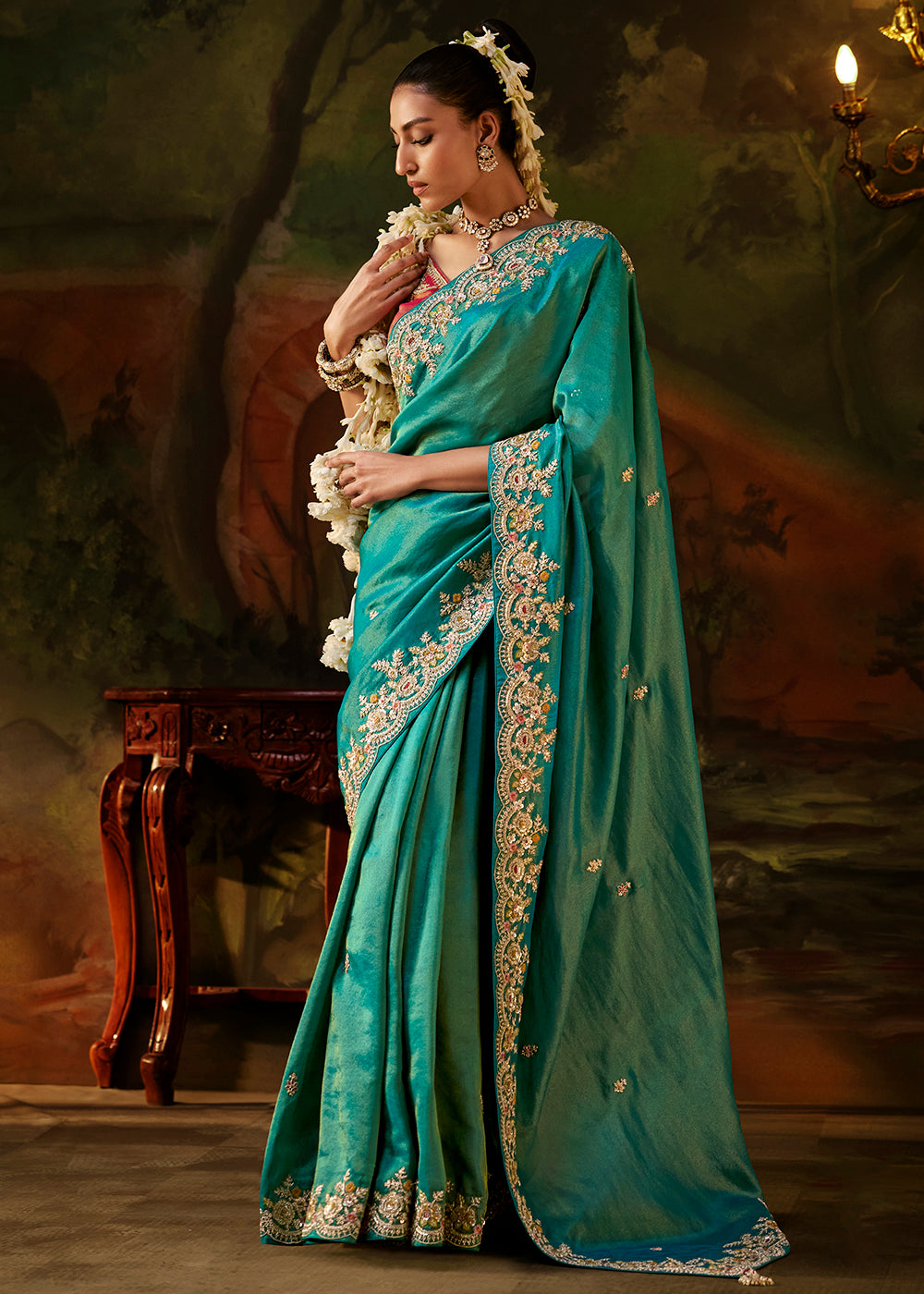Buy Now Vibrant Teal Premium Designer Wedding Saree Online in US, UK, Canada, France, Germany, Denmark, Sweden, Italy, Netherlands, UAE & Worldwide at Empress.