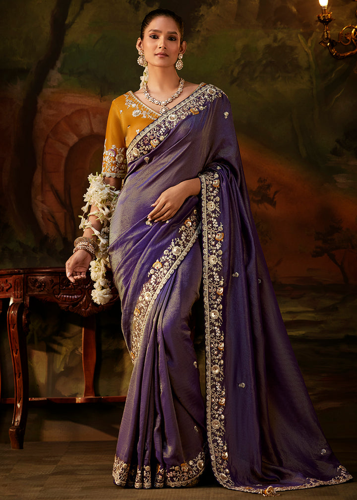 Buy Now Violet Purple Premium Designer Wedding Saree Online in US, UK, Canada, France, Germany, Denmark, Sweden, Italy, Netherlands, UAE &amp; Worldwide at Empress.