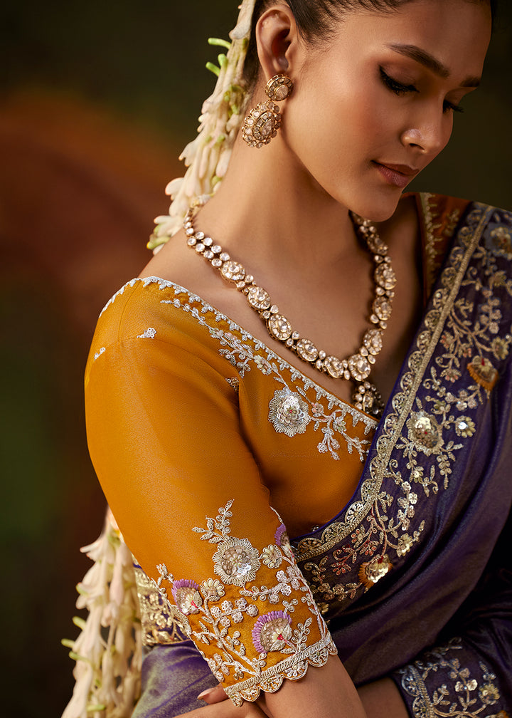 Buy Now Violet Purple Premium Designer Wedding Saree Online in US, UK, Canada, France, Germany, Denmark, Sweden, Italy, Netherlands, UAE &amp; Worldwide at Empress.
