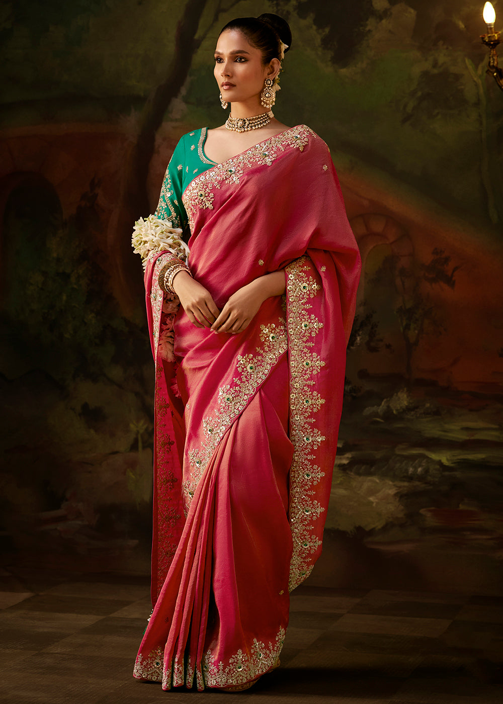 Buy Now Coral Pink Premium Designer Wedding Saree Online in US, UK, Canada, France, Germany, Denmark, Sweden, Italy, Netherlands, UAE & Worldwide at Empress.