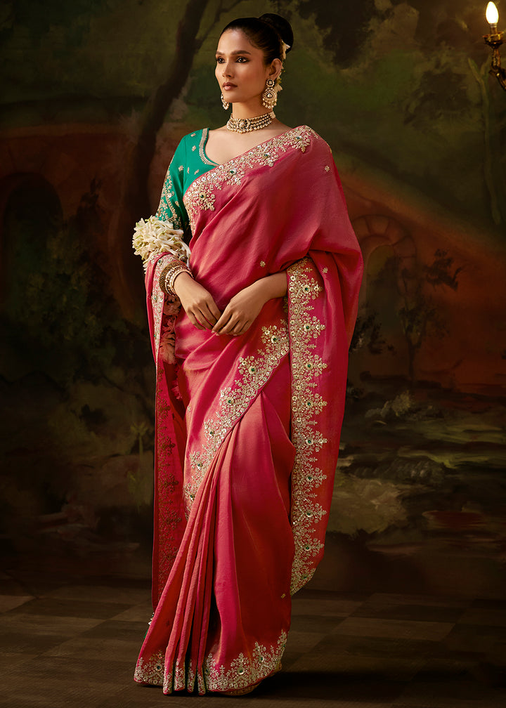 Buy Now Coral Pink Premium Designer Wedding Saree Online in US, UK, Canada, France, Germany, Denmark, Sweden, Italy, Netherlands, UAE &amp; Worldwide at Empress.