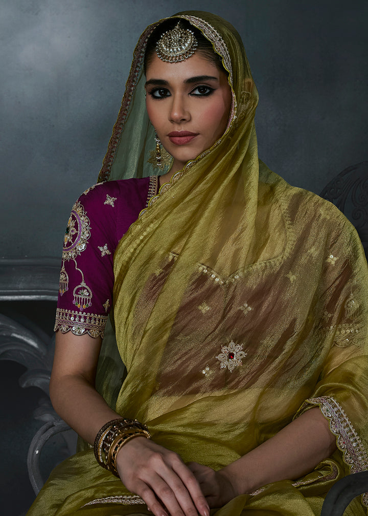 Buy Now Green &amp; Magenta Fancy Fabric Designer Wear Saree Online in US, UK, Canada, France, Germany, Denmark, Sweden, UAE, Greece, Italy &amp; Worldwide at Empress.