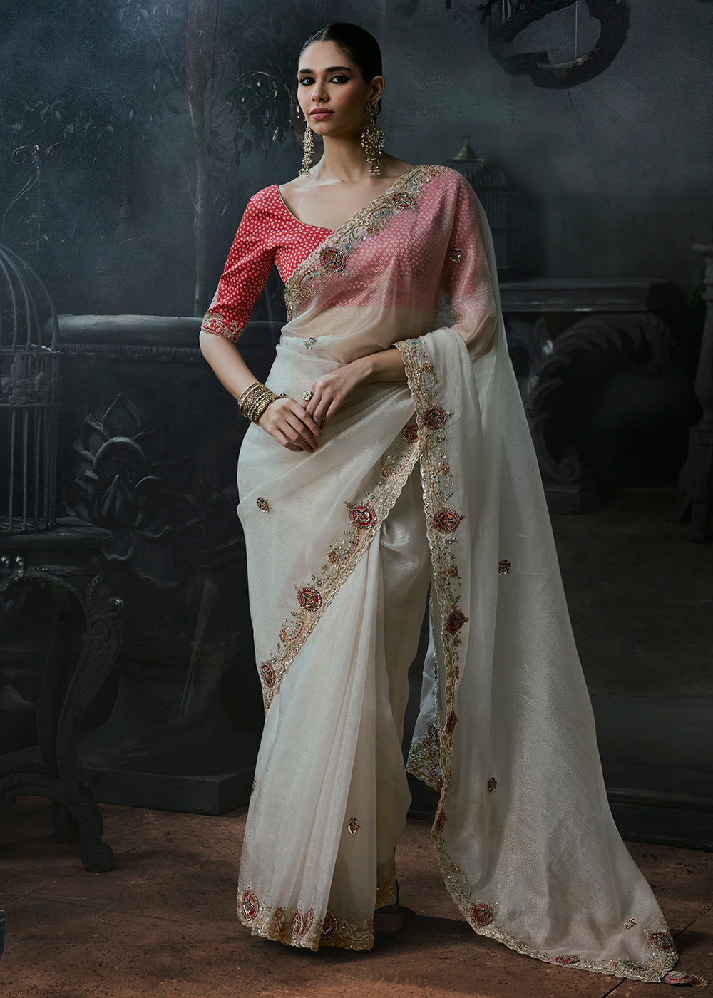 Buy Now White & Red Fancy Fabric Designer Wear Saree Online in US, UK, Canada, France, Germany, Denmark, Sweden, UAE, Greece, Italy & Worldwide at Empress.