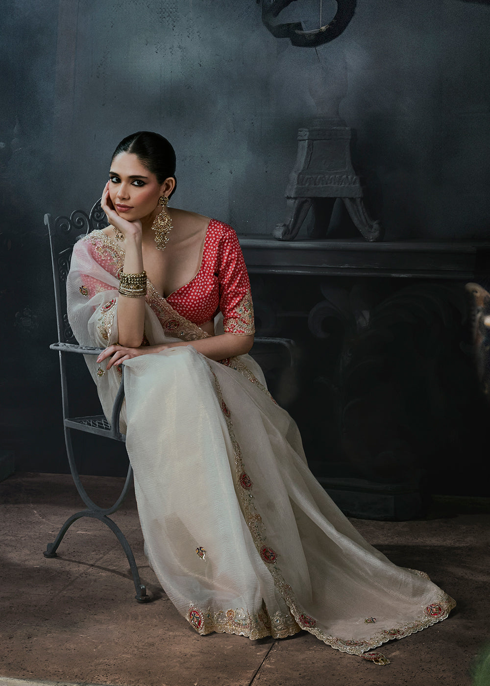 Buy Now White &amp; Red Fancy Fabric Designer Wear Saree Online in US, UK, Canada, France, Germany, Denmark, Sweden, UAE, Greece, Italy &amp; Worldwide at Empress.
