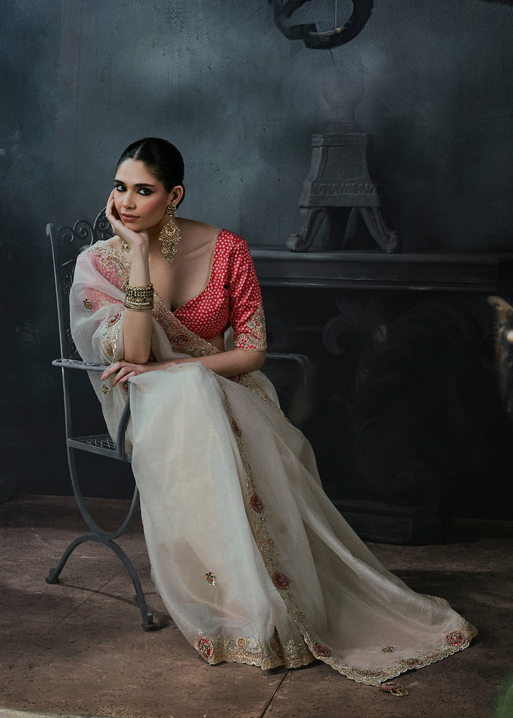Buy Now White &amp; Red Fancy Fabric Designer Wear Saree Online in US, UK, Canada, France, Germany, Denmark, Sweden, UAE, Greece, Italy &amp; Worldwide at Empress.