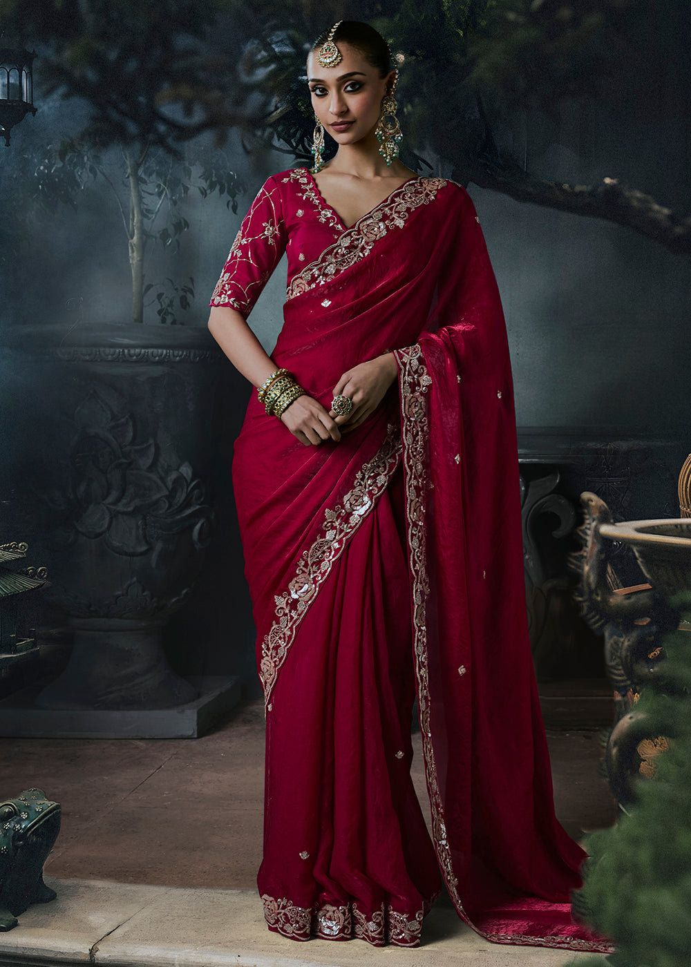 Buy Now Crimson Red Fancy Fabric Designer Wear Saree Online in US, UK, Canada, France, Germany, Denmark, Sweden, UAE, Greece, Italy & Worldwide at Empress.