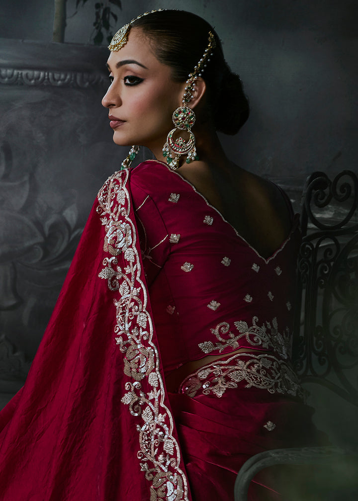 Buy Now Crimson Red Fancy Fabric Designer Wear Saree Online in US, UK, Canada, France, Germany, Denmark, Sweden, UAE, Greece, Italy &amp; Worldwide at Empress.