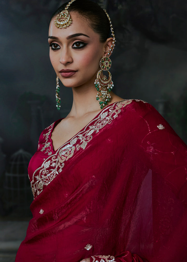 Buy Now Crimson Red Fancy Fabric Designer Wear Saree Online in US, UK, Canada, France, Germany, Denmark, Sweden, UAE, Greece, Italy &amp; Worldwide at Empress.