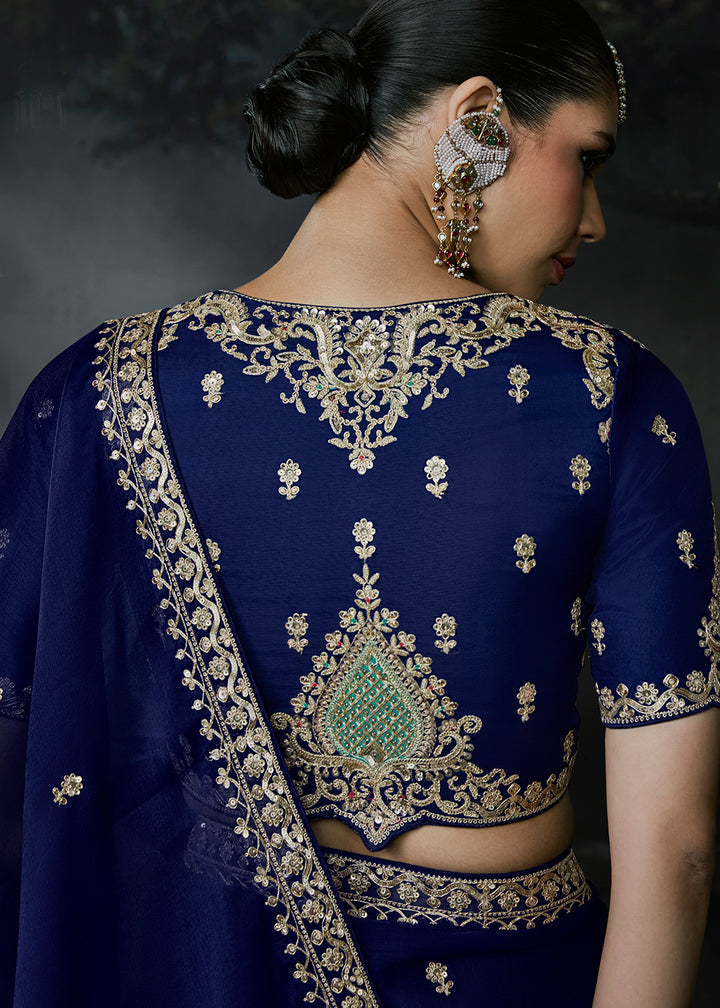 Buy Now Navy Blue Fancy Fabric Designer Wear Saree Online in US, UK, Canada, France, Germany, Denmark, Sweden, UAE, Greece, Italy &amp; Worldwide at Empress.