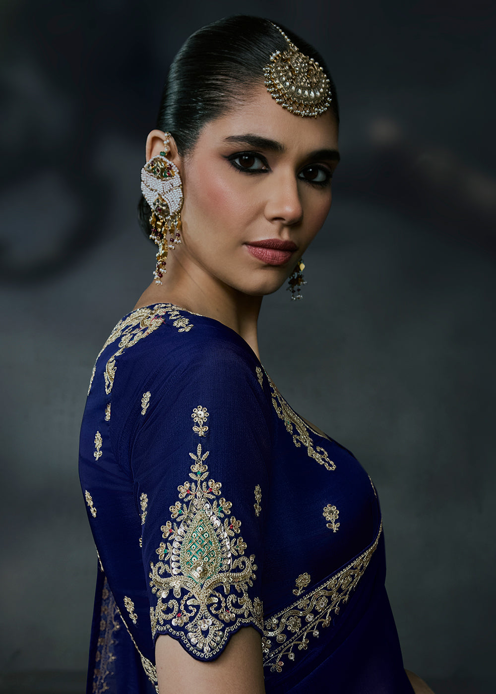 Buy Now Navy Blue Fancy Fabric Designer Wear Saree Online in US, UK, Canada, France, Germany, Denmark, Sweden, UAE, Greece, Italy &amp; Worldwide at Empress.