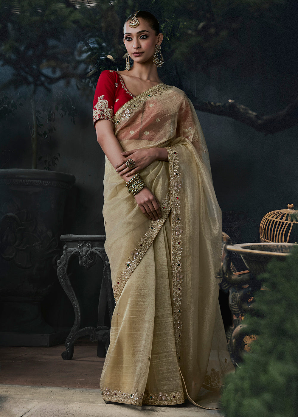 Buy Now Gold & Red Fancy Fabric Designer Wear Saree Online in US, UK, Canada, France, Germany, Denmark, Sweden, UAE, Greece, Italy & Worldwide at Empress.