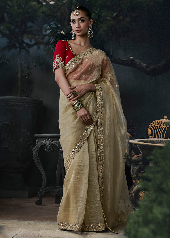 Buy Now Gold &amp; Red Fancy Fabric Designer Wear Saree Online in US, UK, Canada, France, Germany, Denmark, Sweden, UAE, Greece, Italy &amp; Worldwide at Empress.