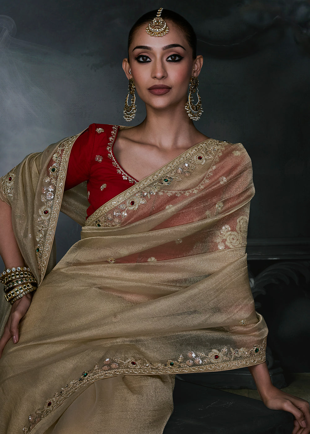 Buy Now Gold &amp; Red Fancy Fabric Designer Wear Saree Online in US, UK, Canada, France, Germany, Denmark, Sweden, UAE, Greece, Italy &amp; Worldwide at Empress.