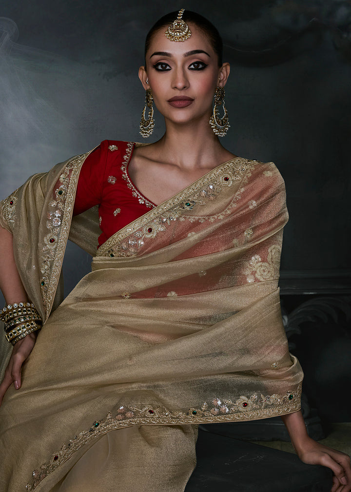 Buy Now Gold &amp; Red Fancy Fabric Designer Wear Saree Online in US, UK, Canada, France, Germany, Denmark, Sweden, UAE, Greece, Italy &amp; Worldwide at Empress.