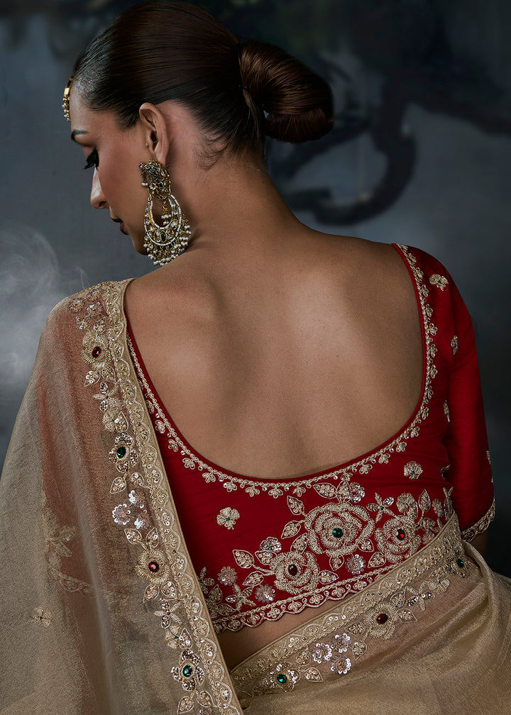 Buy Now Gold &amp; Red Fancy Fabric Designer Wear Saree Online in US, UK, Canada, France, Germany, Denmark, Sweden, UAE, Greece, Italy &amp; Worldwide at Empress.
