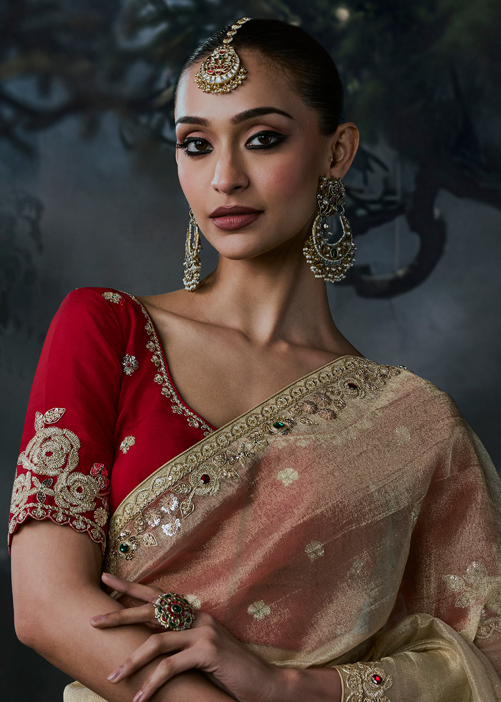 Buy Now Gold & Red Fancy Fabric Designer Wear Saree Online in US, UK, Canada, France, Germany, Denmark, Sweden, UAE, Greece, Italy & Worldwide at Empress.