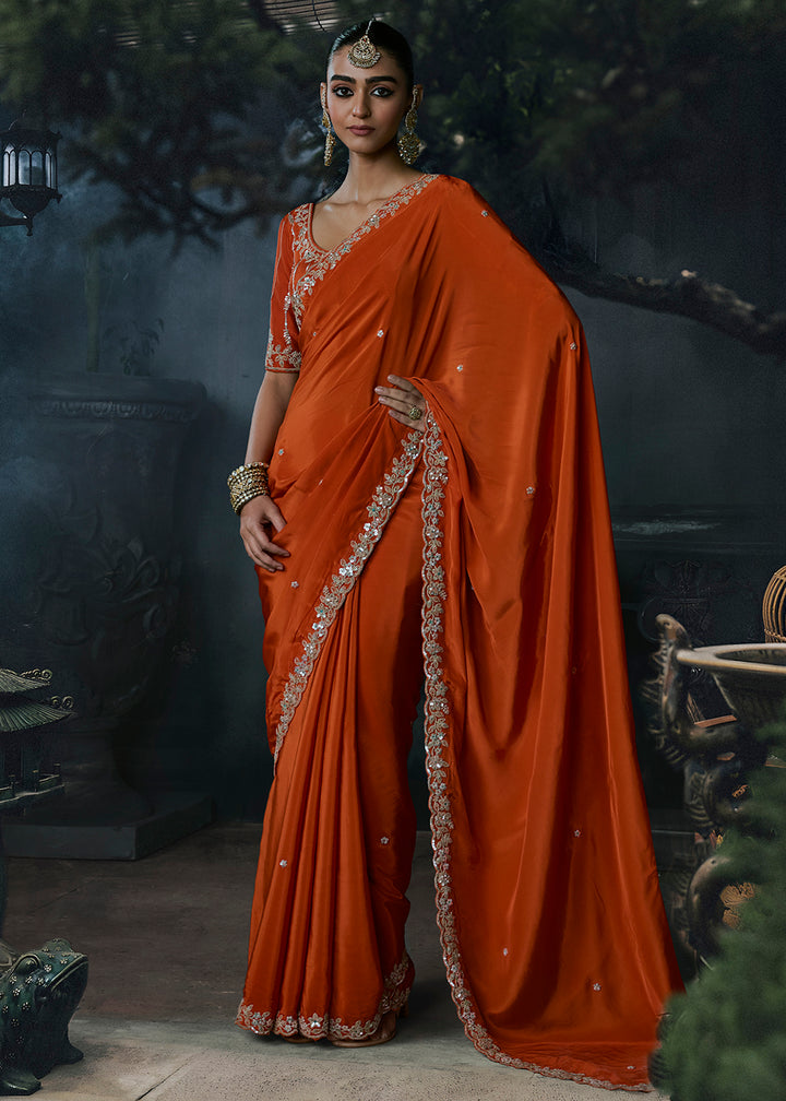 Buy Now Burnt Orange Fancy Fabric Designer Wear Saree Online in US, UK, Canada, France, Germany, Denmark, Sweden, UAE, Greece, Italy &amp; Worldwide at Empress.