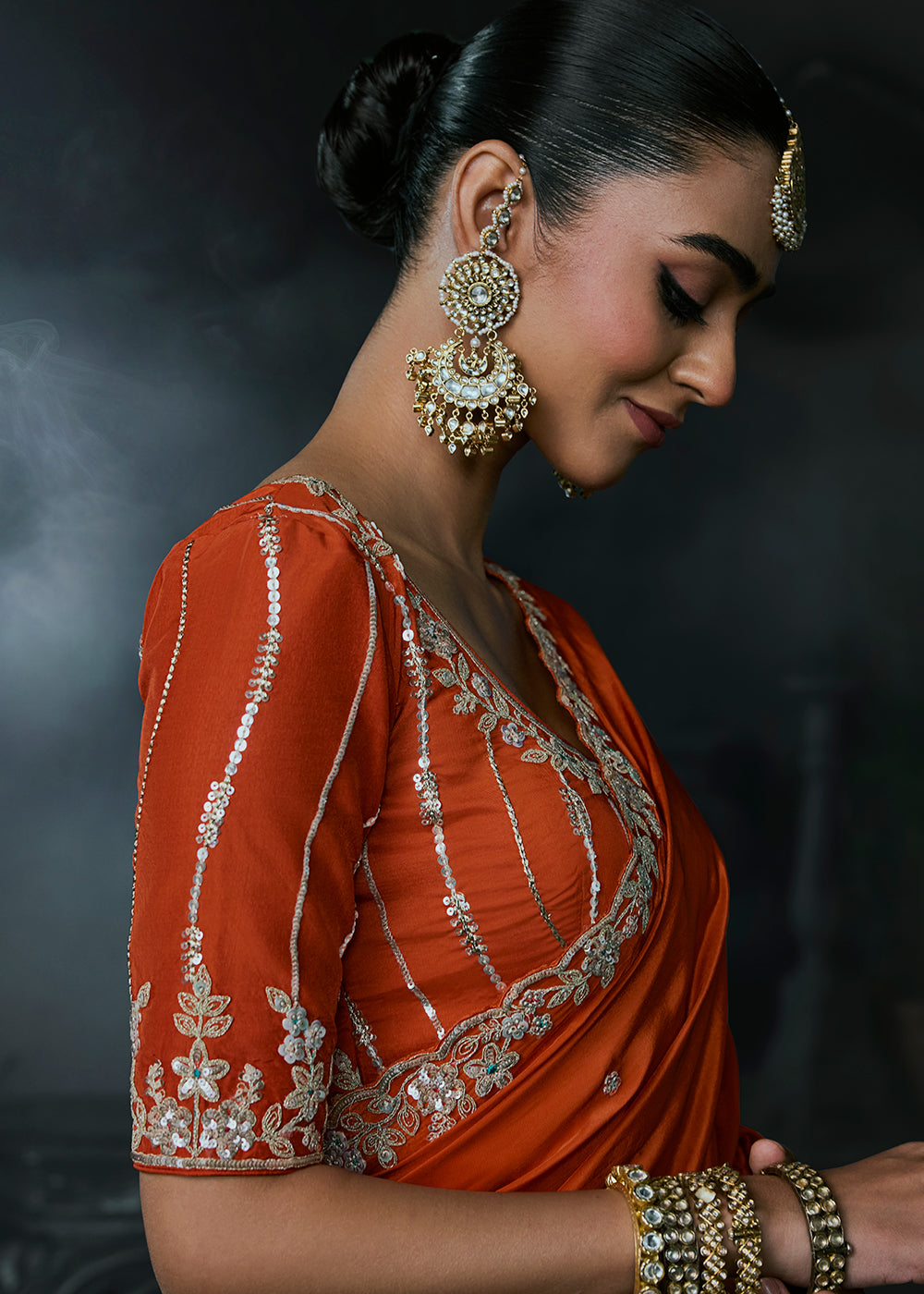 Buy Now Burnt Orange Fancy Fabric Designer Wear Saree Online in US, UK, Canada, France, Germany, Denmark, Sweden, UAE, Greece, Italy & Worldwide at Empress.
