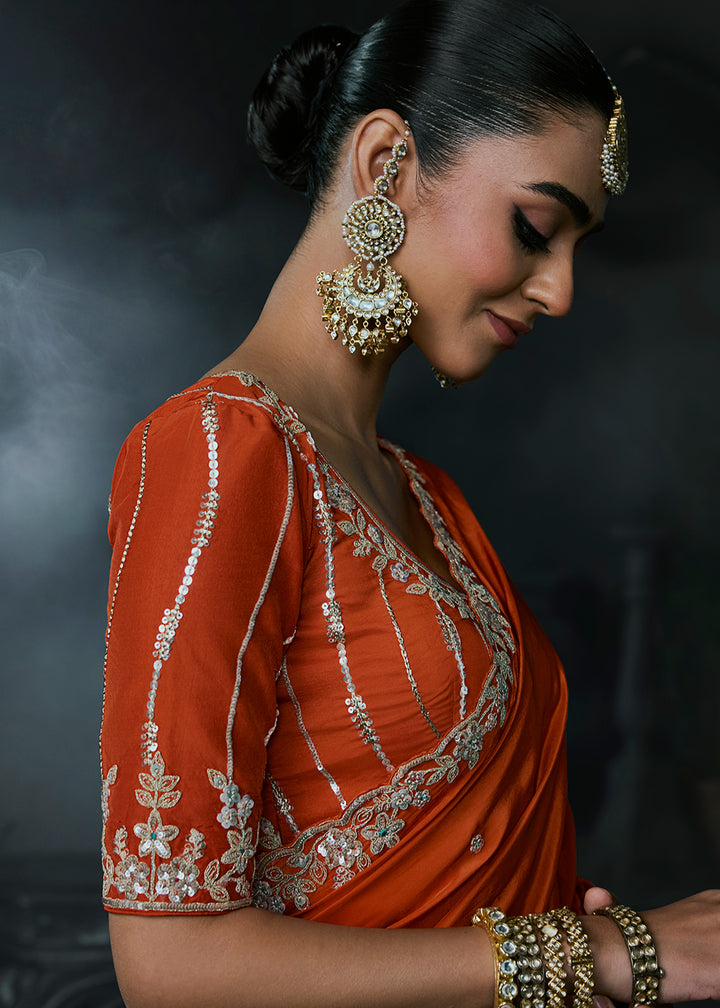 Buy Now Burnt Orange Fancy Fabric Designer Wear Saree Online in US, UK, Canada, France, Germany, Denmark, Sweden, UAE, Greece, Italy &amp; Worldwide at Empress.