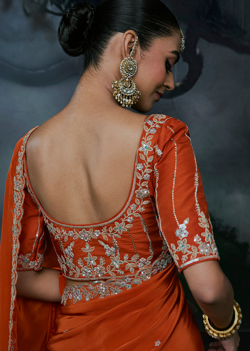 Buy Now Burnt Orange Fancy Fabric Designer Wear Saree Online in US, UK, Canada, France, Germany, Denmark, Sweden, UAE, Greece, Italy &amp; Worldwide at Empress.