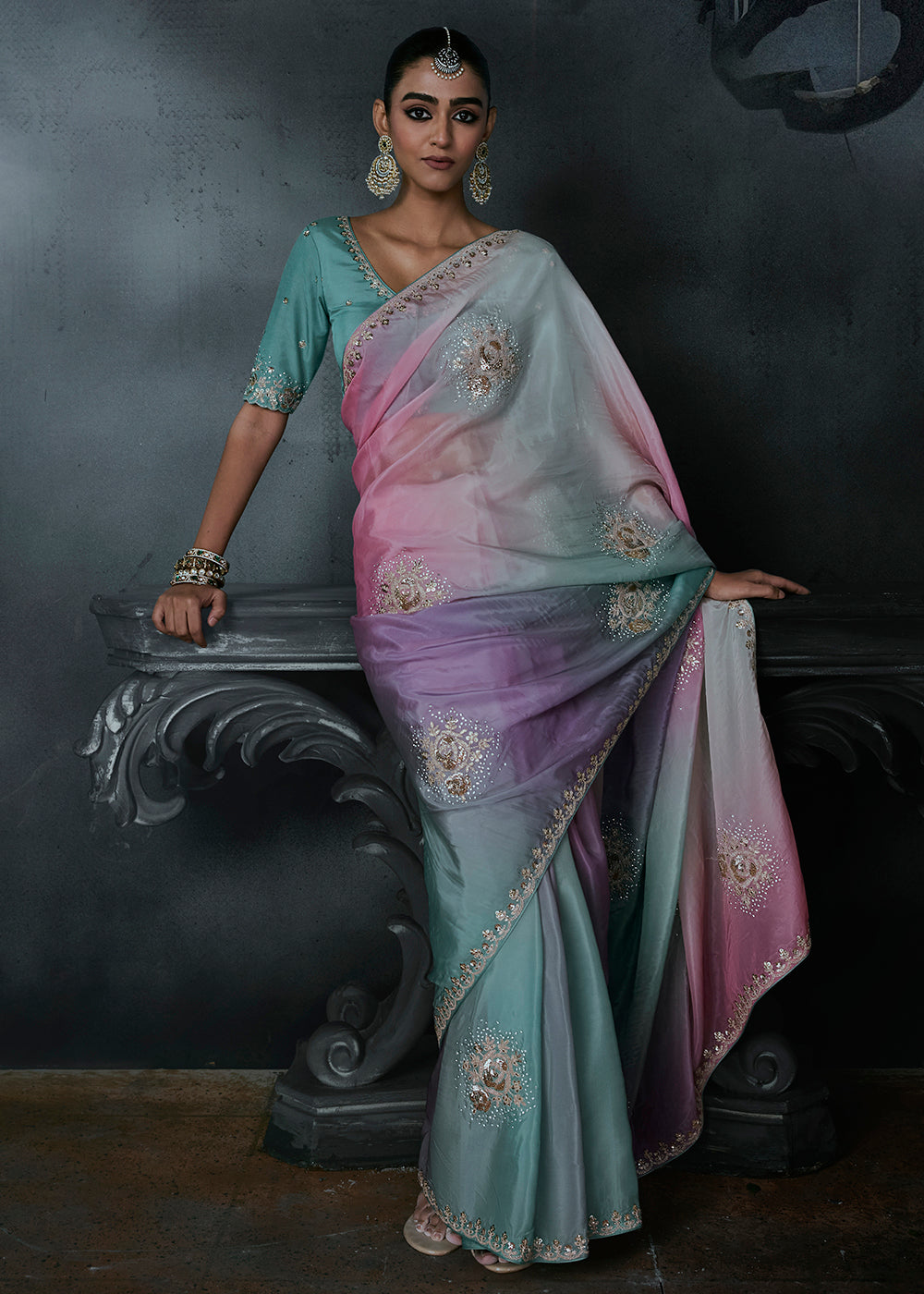 Buy Now Multi Tone Blue & Pink Fancy Fabric Designer Wear Saree Online in US, UK, Canada, France, Germany, Denmark, Sweden, UAE, Greece & Worldwide at Empress.