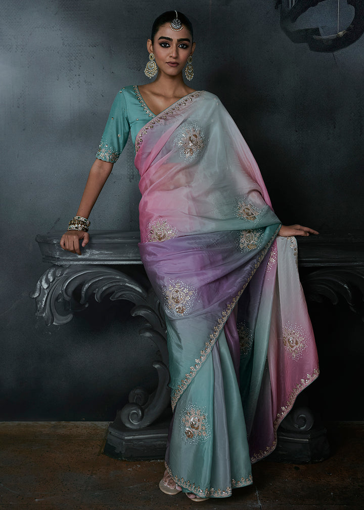 Buy Now Multi Tone Blue &amp; Pink Fancy Fabric Designer Wear Saree Online in US, UK, Canada, France, Germany, Denmark, Sweden, UAE, Greece &amp; Worldwide at Empress.