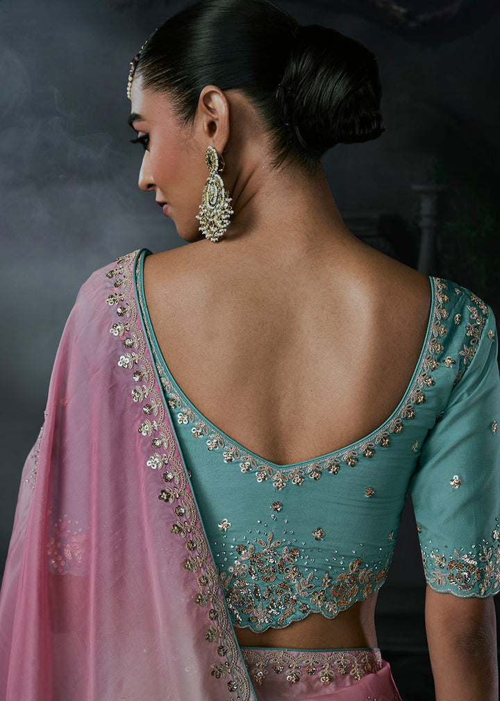 Buy Now Multi Tone Blue &amp; Pink Fancy Fabric Designer Wear Saree Online in US, UK, Canada, France, Germany, Denmark, Sweden, UAE, Greece &amp; Worldwide at Empress.
