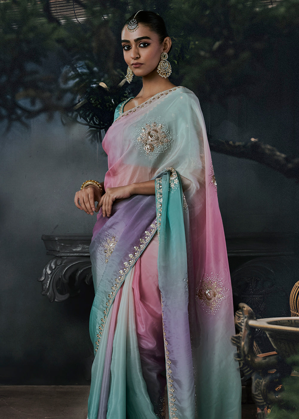 Buy Now Multi Tone Blue &amp; Pink Fancy Fabric Designer Wear Saree Online in US, UK, Canada, France, Germany, Denmark, Sweden, UAE, Greece &amp; Worldwide at Empress.