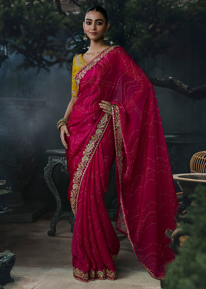 Buy Now Pink &amp; Yellow Fancy Fabric Designer Wear Saree Online in US, UK, Canada, France, Germany, Denmark, Sweden, UAE, Greece, Italy &amp; Worldwide at Empress.