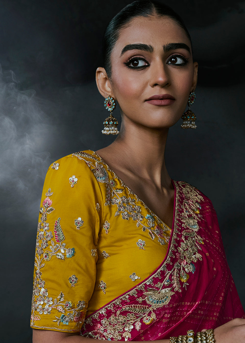 Buy Now Pink & Yellow Fancy Fabric Designer Wear Saree Online in US, UK, Canada, France, Germany, Denmark, Sweden, UAE, Greece, Italy & Worldwide at Empress.