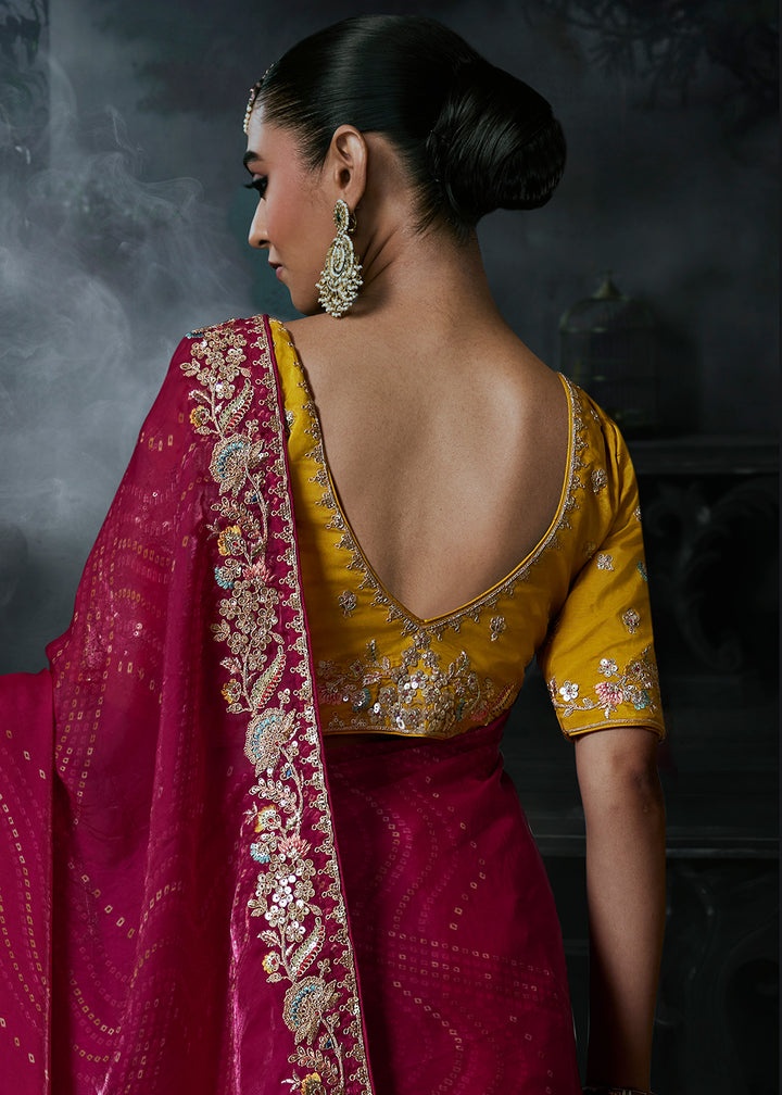 Buy Now Pink &amp; Yellow Fancy Fabric Designer Wear Saree Online in US, UK, Canada, France, Germany, Denmark, Sweden, UAE, Greece, Italy &amp; Worldwide at Empress.