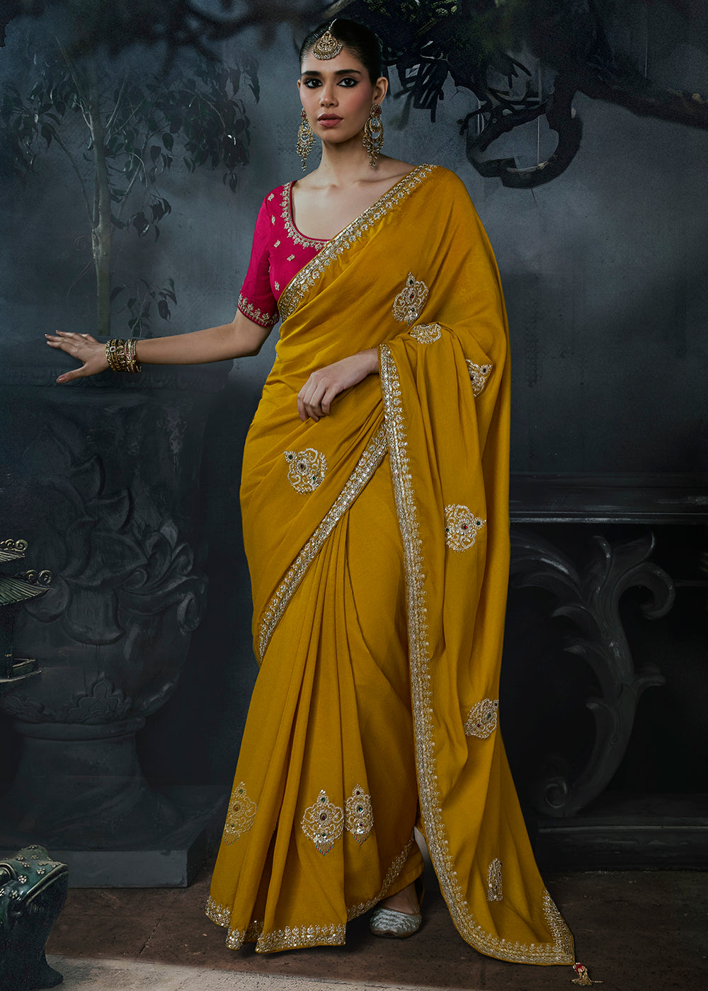 Buy Now Yellow & Pink Fancy Fabric Designer Wear Saree Online in US, UK, Canada, France, Germany, Denmark, Sweden, UAE, Greece, Italy & Worldwide at Empress.