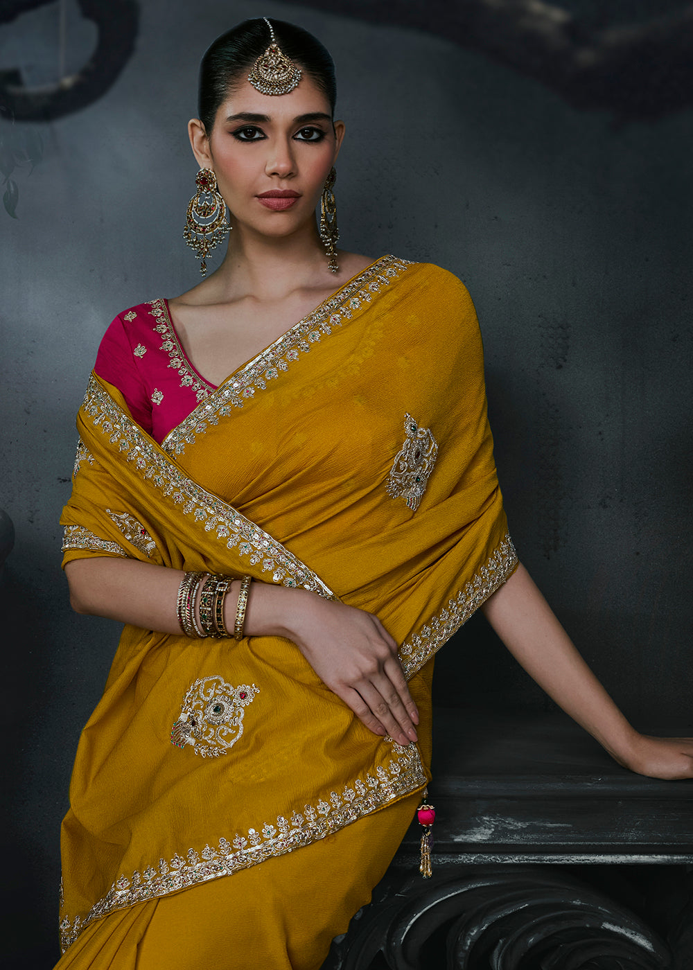 Buy Now Yellow &amp; Pink Fancy Fabric Designer Wear Saree Online in US, UK, Canada, France, Germany, Denmark, Sweden, UAE, Greece, Italy &amp; Worldwide at Empress.