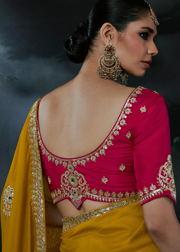 Buy Now Yellow &amp; Pink Fancy Fabric Designer Wear Saree Online in US, UK, Canada, France, Germany, Denmark, Sweden, UAE, Greece, Italy &amp; Worldwide at Empress.