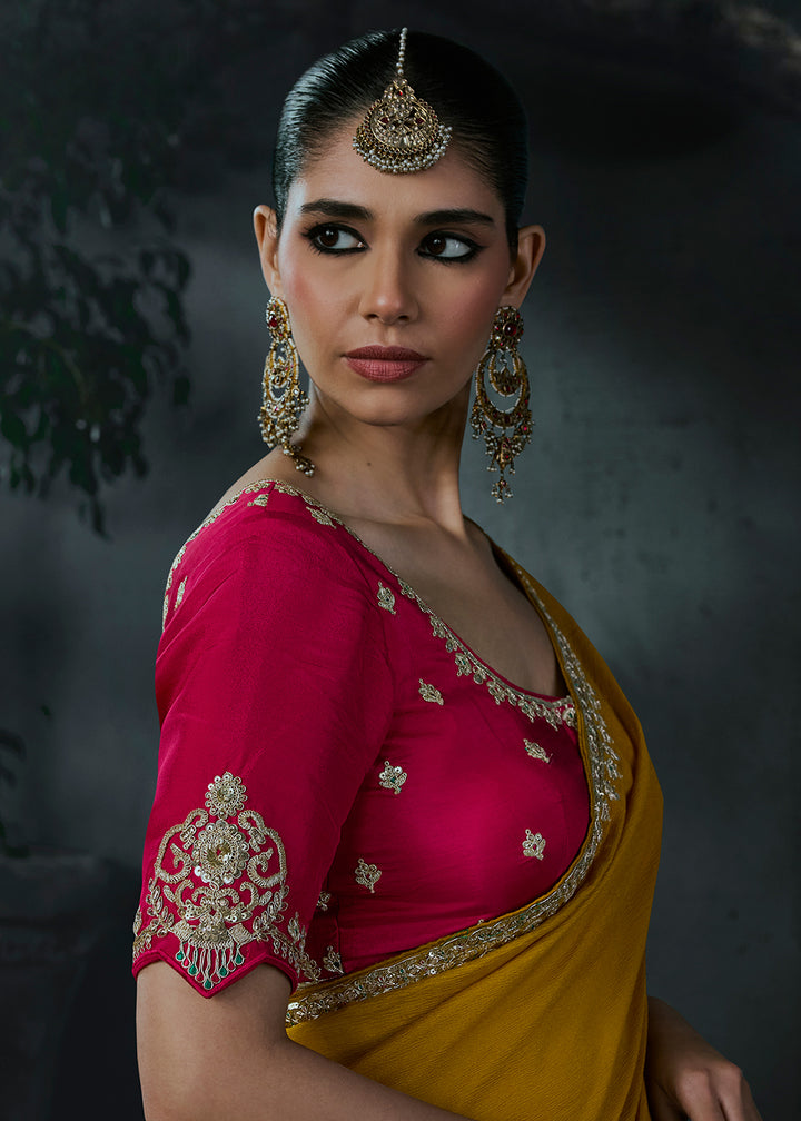 Buy Now Yellow &amp; Pink Fancy Fabric Designer Wear Saree Online in US, UK, Canada, France, Germany, Denmark, Sweden, UAE, Greece, Italy &amp; Worldwide at Empress.