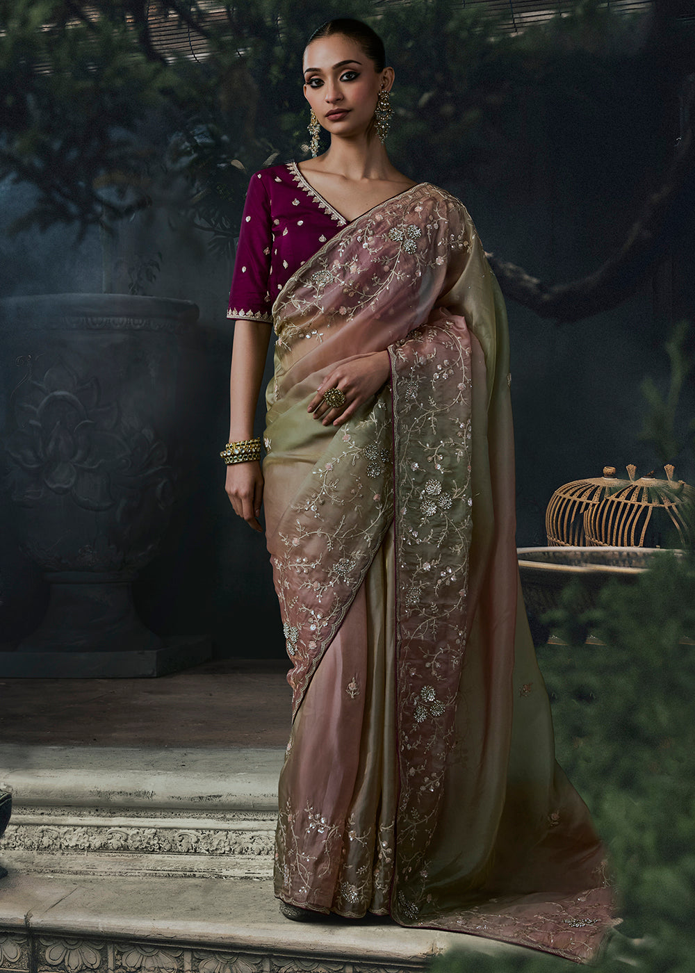 Buy Now Multi Tonal Pink Green Fancy Fabric Designer Wear Saree Online in US, UK, Canada, France, Germany, Denmark, Sweden, UAE, Greece & Worldwide at Empress.