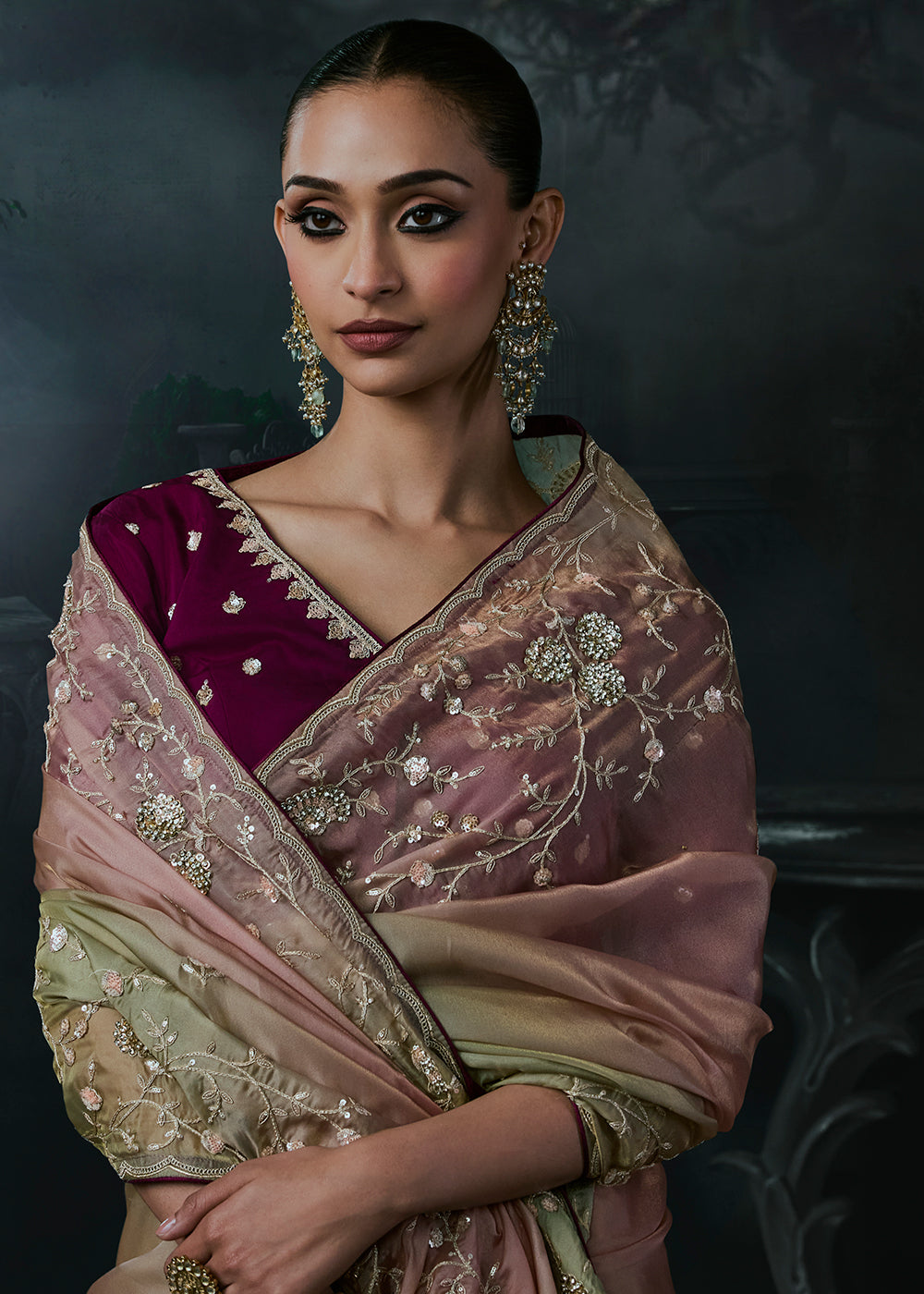 Buy Now Multi Tonal Pink Green Fancy Fabric Designer Wear Saree Online in US, UK, Canada, France, Germany, Denmark, Sweden, UAE, Greece & Worldwide at Empress.
