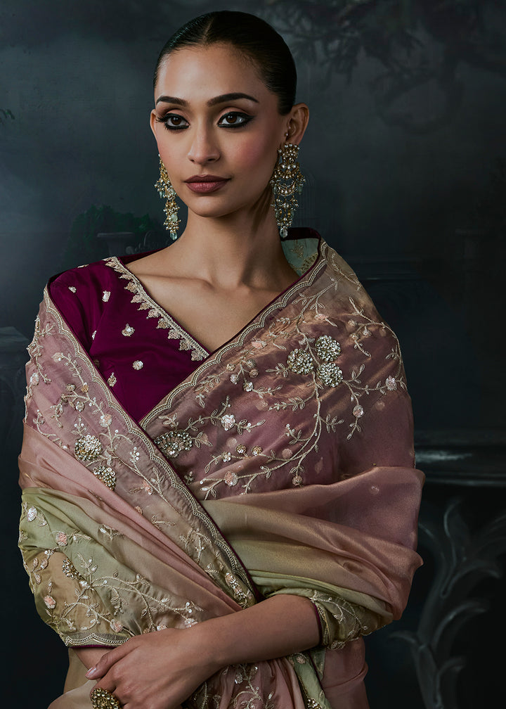 Buy Now Multi Tonal Pink Green Fancy Fabric Designer Wear Saree Online in US, UK, Canada, France, Germany, Denmark, Sweden, UAE, Greece &amp; Worldwide at Empress.