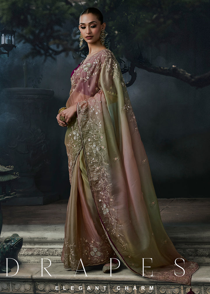 Buy Now Multi Tonal Pink Green Fancy Fabric Designer Wear Saree Online in US, UK, Canada, France, Germany, Denmark, Sweden, UAE, Greece &amp; Worldwide at Empress.