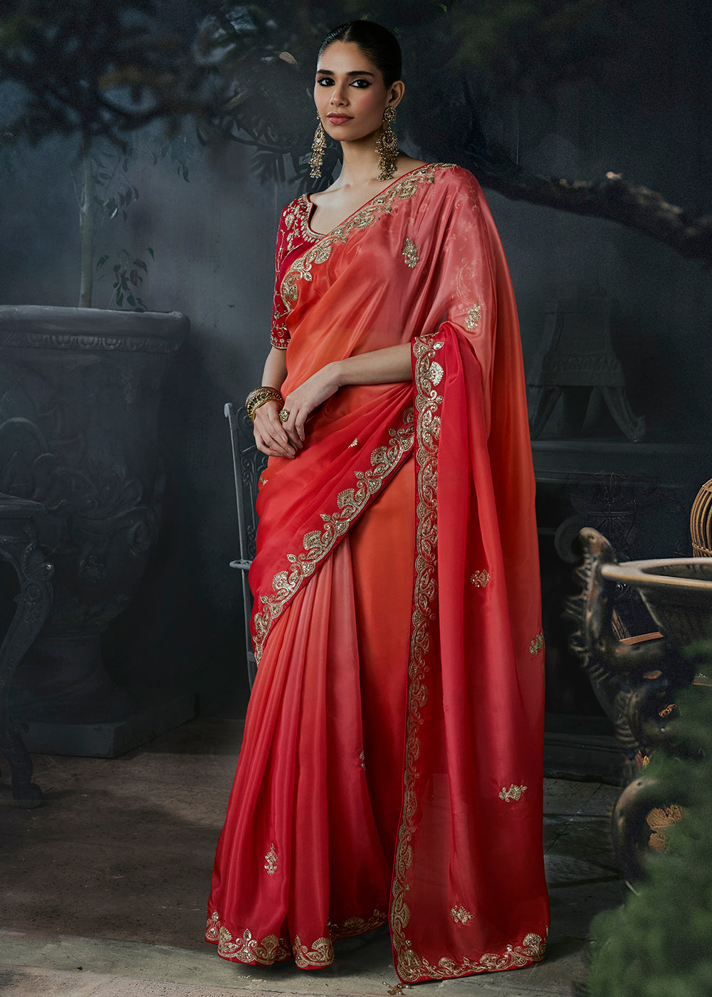 Buy Now Orange & Pink Fancy Fabric Designer Wear Saree Online in US, UK, Canada, France, Germany, Denmark, Sweden, UAE, Greece, Italy & Worldwide at Empress.