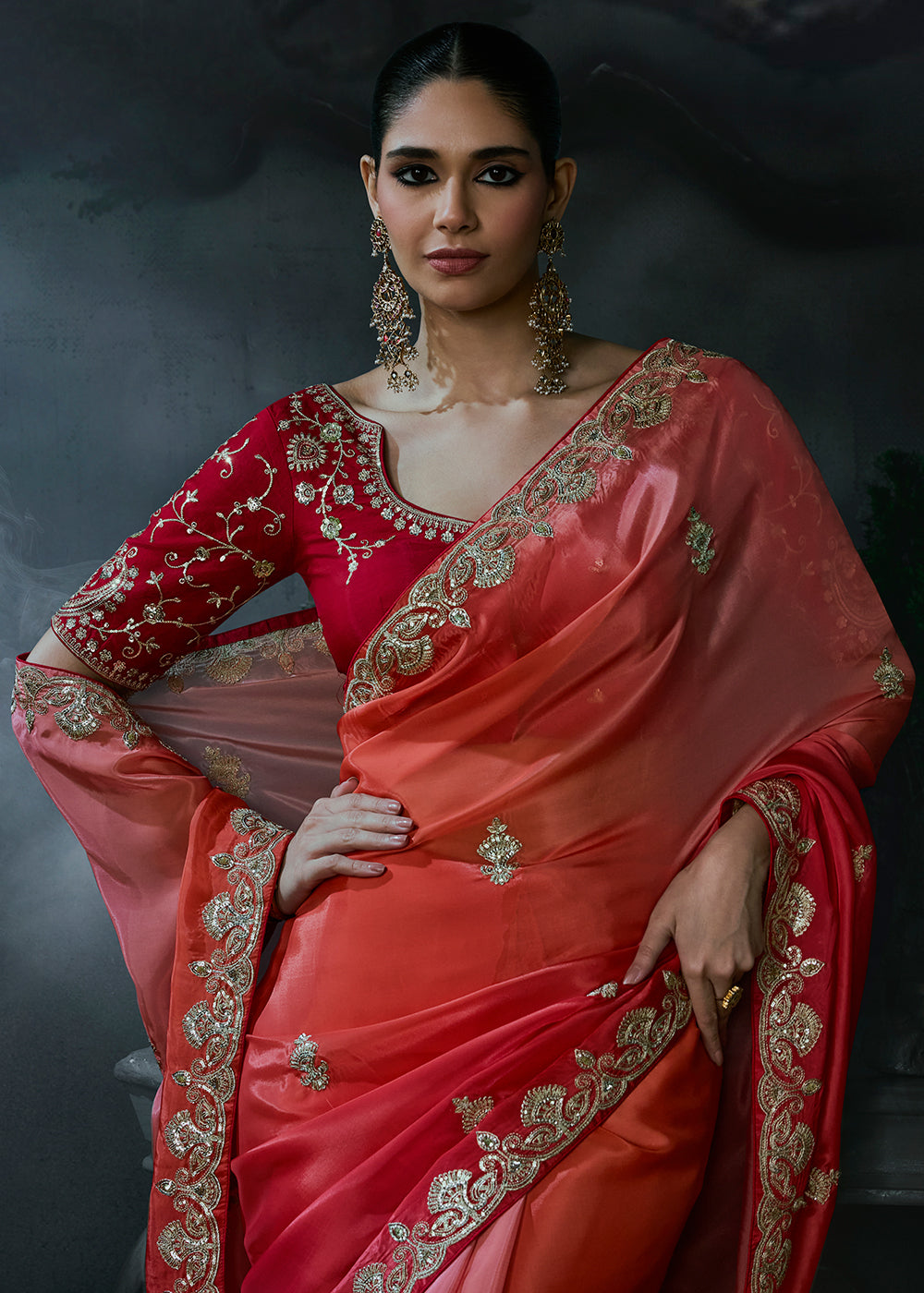 Buy Now Orange & Pink Fancy Fabric Designer Wear Saree Online in US, UK, Canada, France, Germany, Denmark, Sweden, UAE, Greece, Italy & Worldwide at Empress.