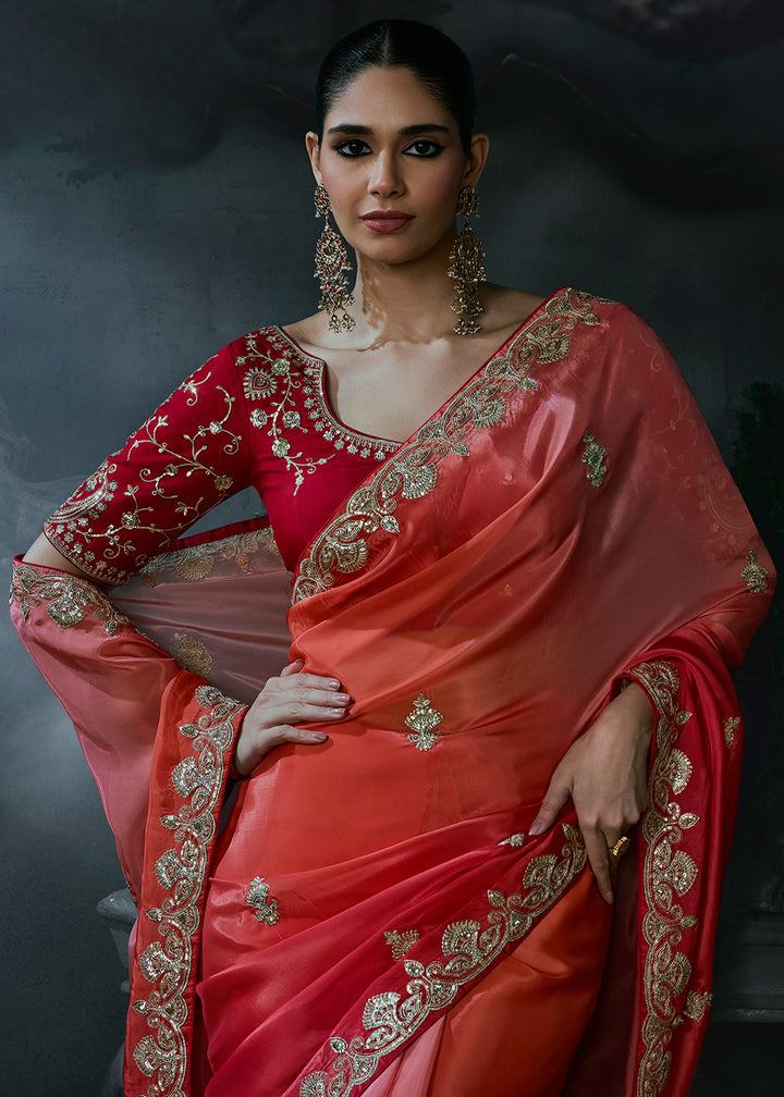 Buy Now Orange &amp; Pink Fancy Fabric Designer Wear Saree Online in US, UK, Canada, France, Germany, Denmark, Sweden, UAE, Greece, Italy &amp; Worldwide at Empress.